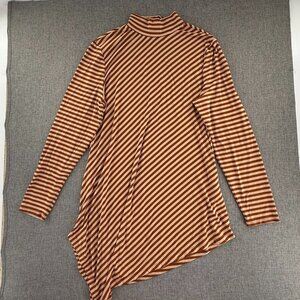Chico's Asymmetrical Tunic Top mock Neck Long Sleeves Stripes Brown &Tan 2=Large